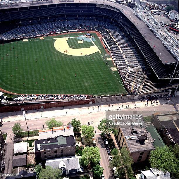 Baseball: Aerial view of Waveland Avenue and Wrigley Field, stadium stands during batting practice before Chicago Cubs vs St, Louis Cardinals game,...