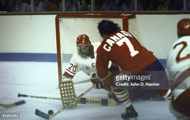 Hockey: The Summit Series, Soviet Union goalie Vladislav Tretiak in action vs Canada Phil Esposito , Game 3, Winnipeg, Canada 9/6/1972