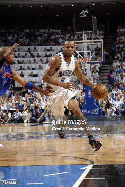 Rashard Lewis of the Orlando Magic drives to the basket against Jarvis Hayes of the Detroit Pistons in Game Four of the Eastern Conference Semifinals...