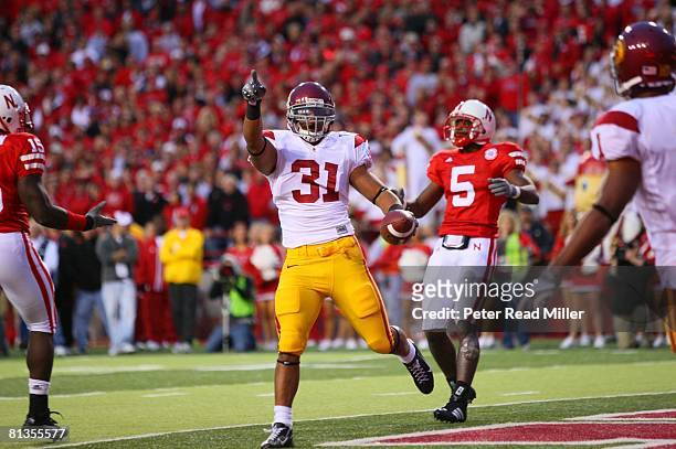 College Football: USC Stanley Havili victorious after scoring touchdown vs Nebraska, Lincoln, NE 9/15/2007