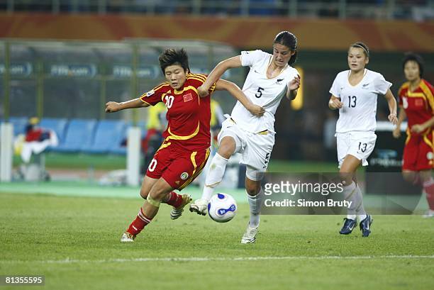 Soccer: World Cup, China Ma Xiaoxu in action vs New Zealand Abby Erceg , Tianjin, China 9/20/2007