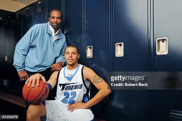 College Basketball: Portrait of University of San Diego Rob Jones with father Jim Jones Jr, in locker room at U of San Diego before game vs San Diego...