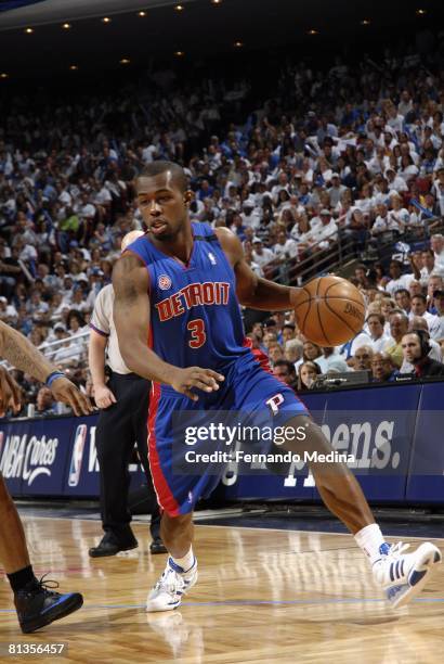 Rodney Stuckey of the Detroit Pistons moves the ball up court in Game Four of the Eastern Conference Semifinals against the Orlando Magic during the...