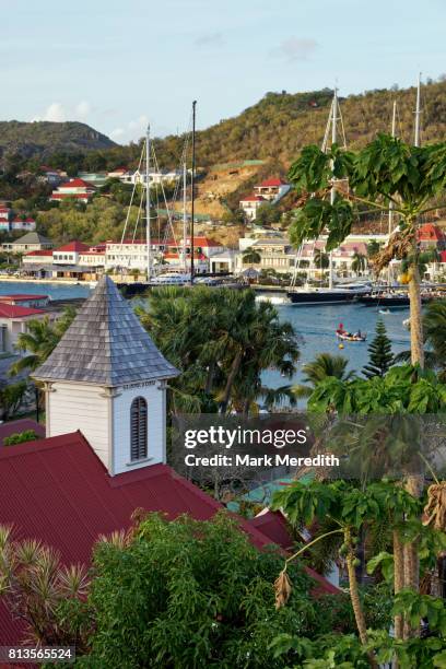 gustavia harbour with church - gustavia harbour stock pictures, royalty-free photos & images