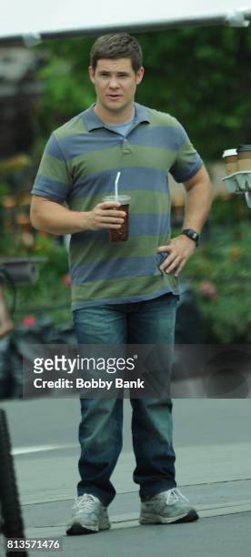 Adam Devine on the movie set of "Isn't It Romantic" in Washington Square Park on July 12, 2017 in New York City.
