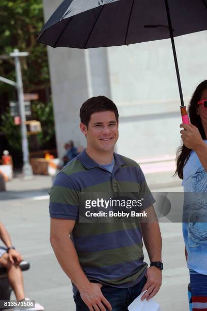 Adam Devine on the movie set of "Isn't It Romantic" in Washington Square Park on July 12, 2017 in New York City.