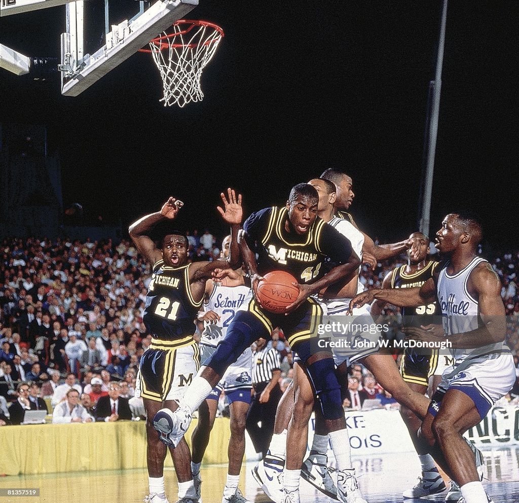Michigan Rice Final Four, Michigan Glen Rice in action, getting rebound vs Seton ...