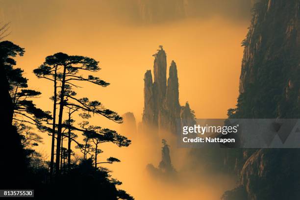 huangshan with sea of clouds, anhui province, china - luogo d'interesse internazionale foto e immagini stock