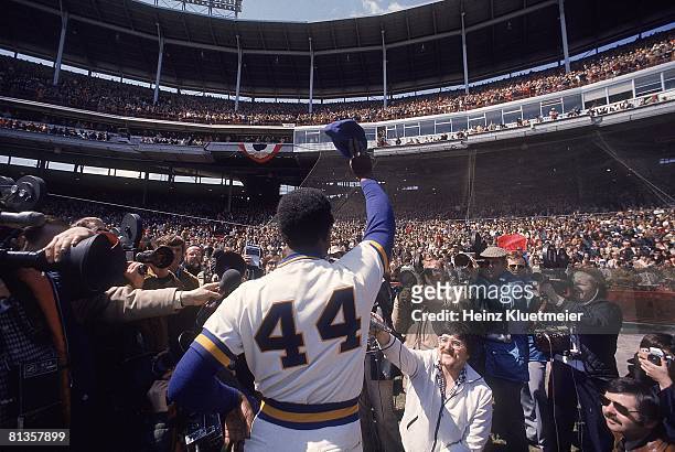 Baseball: Rear view of Milwaukee Brewers Hank Aaron with media during team debut before game vs Cleveland Indians, Milwaukee, WI 4/11/1975