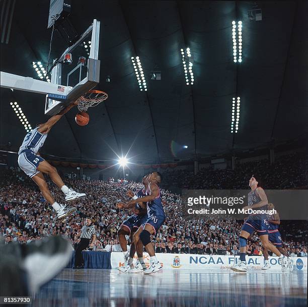 College Basketball: NCAA Final Four, Duke Grant Hill in action, making dunk vs Kansas, Indianapolis, IN 4/1/1991