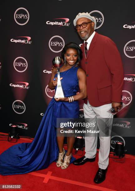 Olympic gymnast Simone Biles , winner of the Best Female Athlete award, and Samuel L. Jackson attend The 2017 ESPYS at Microsoft Theater on July 12,...