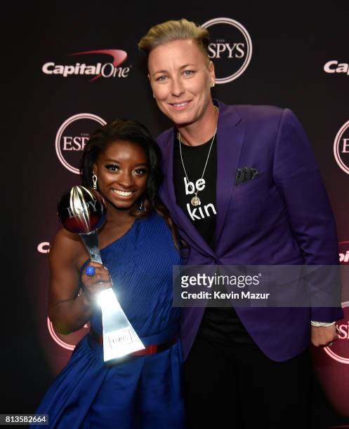 Gymnast Simone Biles and former soccer player Abby Wambach attend The 2017 ESPYS at Microsoft Theater on July 12, 2017 in Los Angeles, California.
