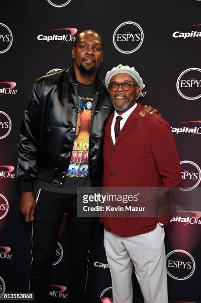 Player Kevin Durant, winner of the Best Championship Performance award and Samuel L. Jackson attend The 2017 ESPYS at Microsoft Theater on July 12,...