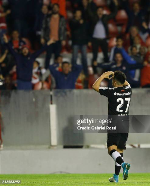 Ezequiel Barco of Independiente celebrates after scoring the second goal of his team during the first leg match between Independiente and Deportes...