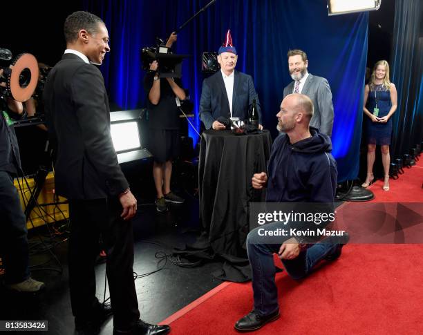 Player David Ross and actors Bill Murray and Nick Offerman are seen backstage at The 2017 ESPYS at Microsoft Theater on July 12, 2017 in Los Angeles,...