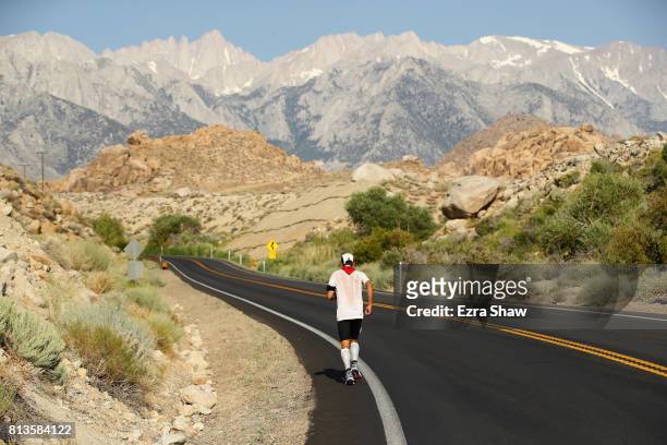 Juan Sanchez runs to the Whitney Portal during the STYR Labs Badwater 135 on July 12, 2017 in Death Valley, California. The start of the 135 mile...