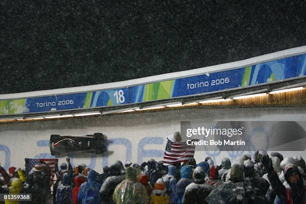 Bobsleigh: 2006 Winter Olympics, USA Todd Hays and Pavle Jovanovic in action during Two Man Heat 4 at Cesana Pariol, Cesana, Italy 2/19/2006