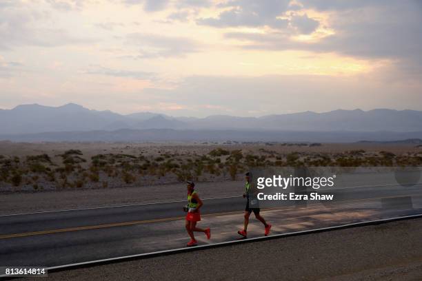 Ricarda Bethke and Jens Vieler compete in the STYR Labs Badwater 135 on July 12, 2017 in Death Valley, California. The start of the 135 mile race is...