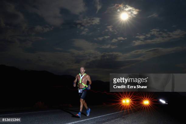 Mark Matyazic runs at night during the STYR Labs Badwater 135 on July 12, 2017 in Death Valley, California. The start of the 135 mile race is at...