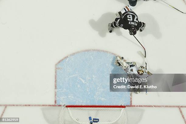 Hockey: NHL Playoffs, Aerial view of Edmonton Oilers goalie Dwayne Roloson in action, making save vs Anaheim Mighty Ducks Dustin Penner , Game 5,...