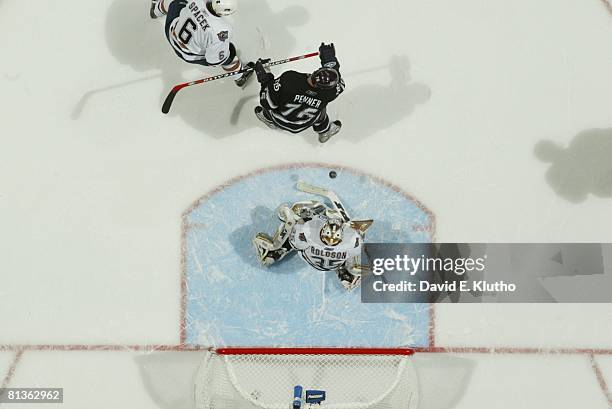 Hockey: NHL Playoffs, Aerial view of Edmonton Oilers goalie Dwayne Roloson in action vs Anaheim Mighty Ducks Dustin Penner , Game 5, Anaheim, CA...