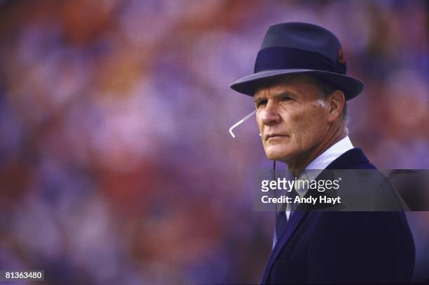 Football: Closeup of Dallas Cowboys coach Tom Landry during game vs Denver Broncos, Denver, CO 10/5/1986