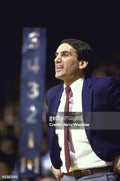 Coll, Basketball: Closeup of Duke coach Mike Krzyzewski during game vs North Carolina, Chapel Hill, NC 1/19/1985