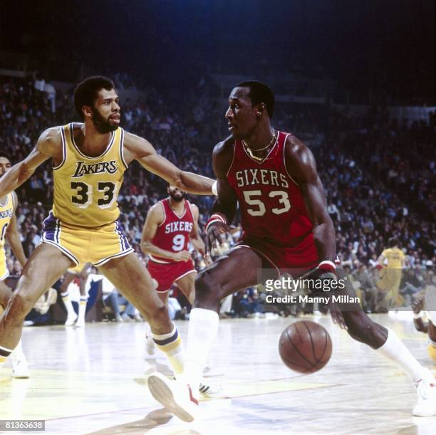 Basketball: NBA Finals, Philadelphia 76ers Darryl Dawkins in action vs Los Angeles Lakers Kareem Abdul-Jabbar , Inglewood, CA 5/11/1980