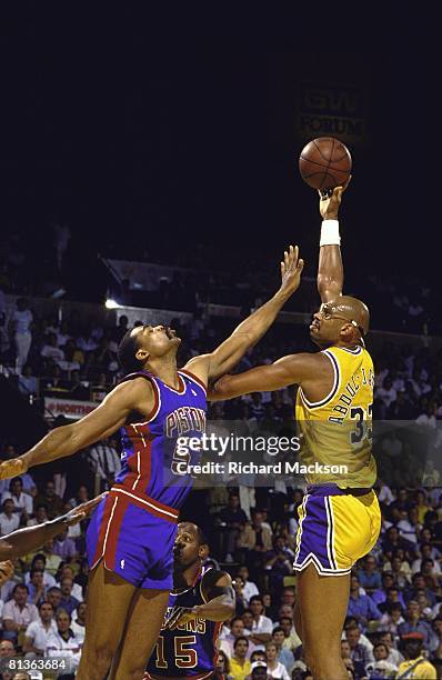 Basketball: NBA finals, Los Angeles Lakers Kareem Abdul-Jabbar in action, taking hook shot vs Detroit Pistons James Edwards , Los Angeles, CA...