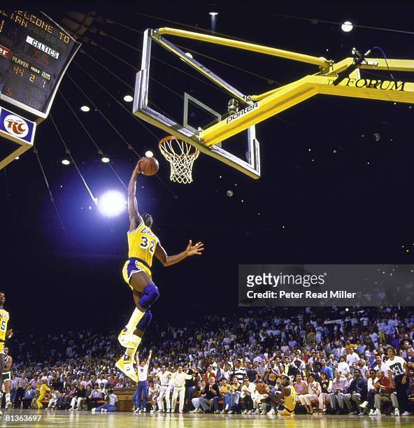 Basketball: NBA Finals, Los Angeles Lakers Magic Johnson in action, making dunk vs Boston Celtics, Inglewood, CA 6/2/1987--6/14/1987