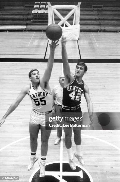 College Basketball: Portrait of Kentucky Pat Riley and Thad Jaracz during tipoff at practice as coach Adolph Rupp watches, Lexington, KY