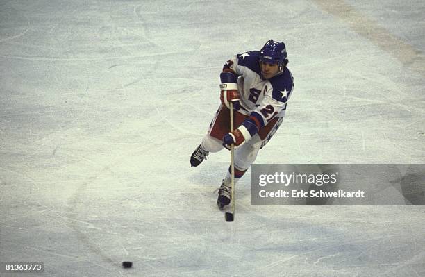 Hockey: 1980 Winter Olympics, USA Mike Eruzione in action vs USR, Lake Placid, NY 2/22/1980