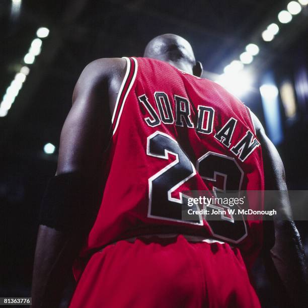 Basketball: NBA Finals, Rear view closeup of Chicago Bulls Michael Jordan on court during Game 6 vs Utah Jazz, Salt Lake City, UT 6/14/1998