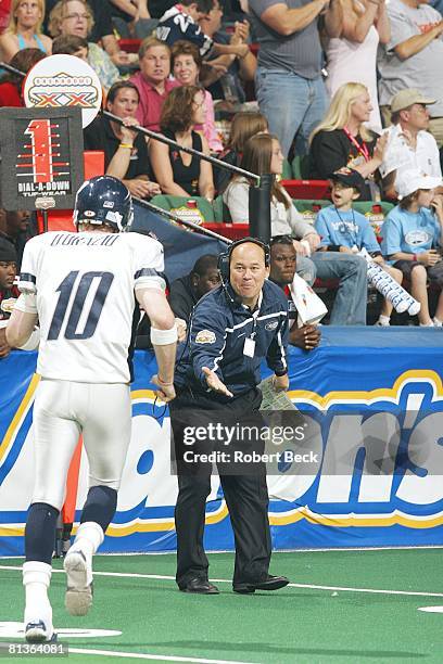 Arena Football: ArenaBowl XX, Chicago Rush coach Mike Hohensee victorious with QB Matt D'Orazio after throwing touchdown pass vs Orlando Predators,...