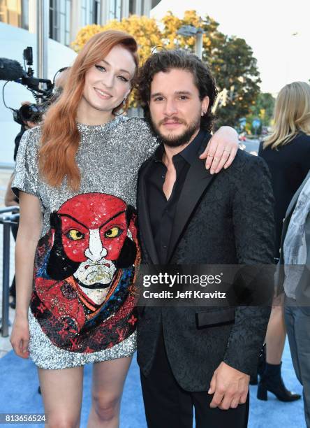 Actors Sophie Turner and Kit Harrington at the Los Angeles Premiere for the seventh season of HBO's "Game Of Thrones" at Walt Disney Concert Hall on...