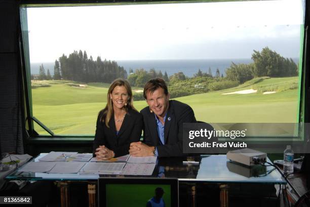 Golf: Mercedes Championship, Golf Channel media announcers Kelly Tilghman and Nick Faldo in CBS studio on Wednesday at Kapalua Plantation, Maui, HI...