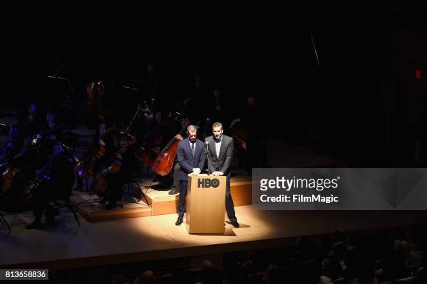 Executive producers D.B. Weiss and David Benioff speak onstage at the Los Angeles Premiere for the seventh season of HBO's "Game Of Thrones" at Walt...
