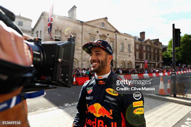 Daniel Ricciardo of Australia and Red Bull Racing talks to the media during F1 Live London at Trafalgar Square on July 12, 2017 in London, England....