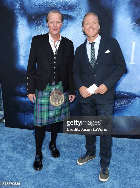 Actors Iain Glen and Jerome Flynn attend the season 7 premiere of "Game Of Thrones" at Walt Disney Concert Hall on July 12, 2017 in Los Angeles,...