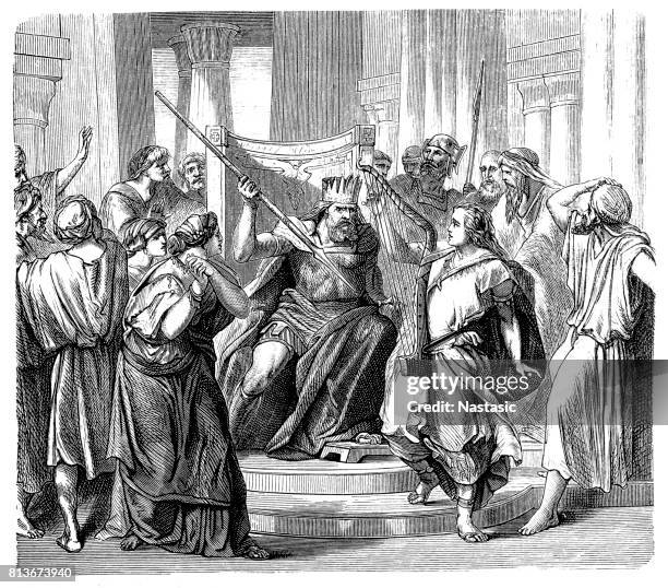 saul tries to kill david (1 samuel 19) - king saul stock illustrations
