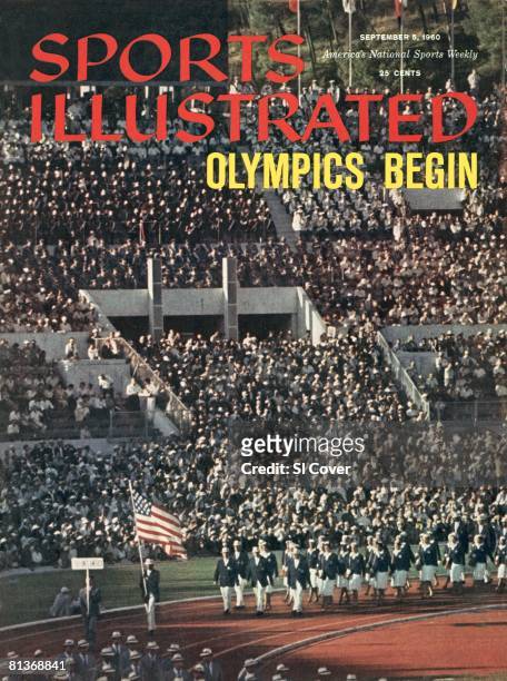 September 5, 1960 Sports Illustrated via Getty Images Cover, Opening Ceremony: 1960 Summer Olympics, USA decathlon athlete Rafer Johnson leading Team...