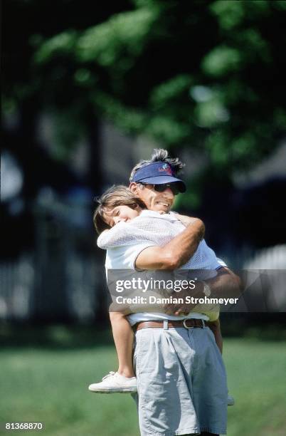 Football: Portrait of former QB Joe Namath with daughter Olivia at his football camp, Hambden, CT 7/1/1997