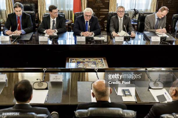 German Federal President Frank-Walter Steinmeier and members of his delegation in conversation with Afghan President Mohammad Ashraf Ghani and...