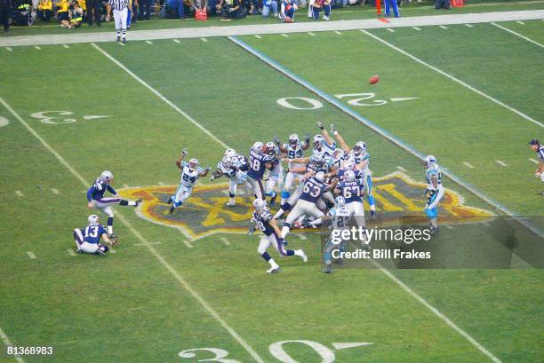 Football: Super Bowl XXXVIII, New England Patriots Adam Vinatieri in action, making game winning 41-yard kick vs Carolina Panthers, Houston, TX...