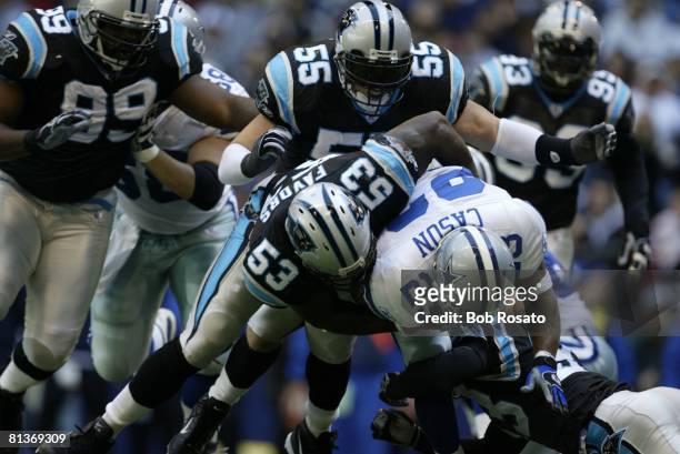 Football: Carolina Panthers Greg Favors in action vs Dallas Cowboys Aveion Cason , Irving, TX