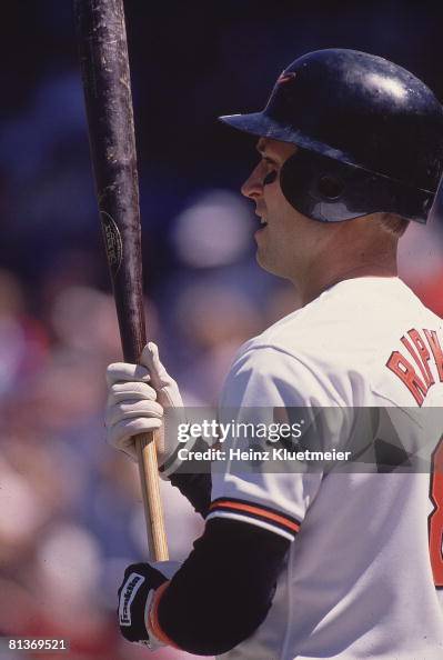 Closeup of Baltimore Orioles Cal Ripken Jr, at bat during game vs ...