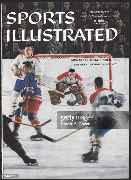 February 17, 1958 Sports Illustrated via Getty Images Cover, Hockey: Montreal Canadiens goalie Jacques Plante in action vs New York Rangers, New...
