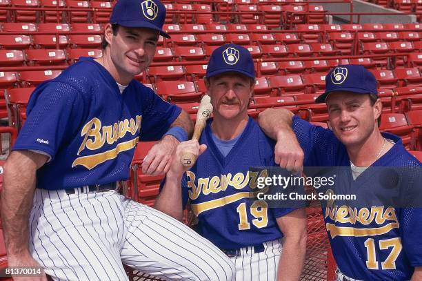 Baseball: Portrait of Milwaukee Brewers Paul Molitor , Robin Yount , and Jim Gantner before game vs Toronto Blue Jays, Milwaukee, WI 5/2/1992