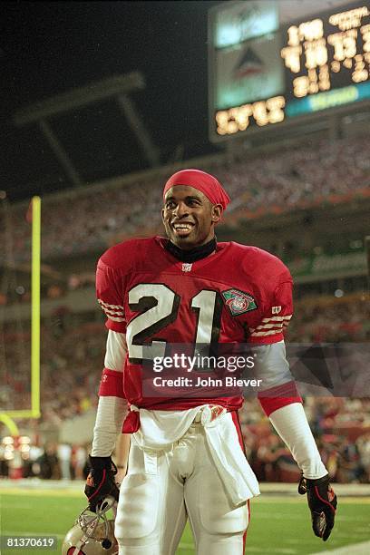 Football: Super Bowl XXIX, Closeup of San Francisco 49ers Deion Sanders on field before game vs San Diego Chargers, Miami, FL 1/29/1995