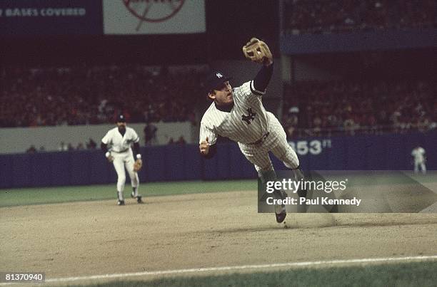 Baseball: World Series, New York Yankees Graig Nettles in action, diving and fielding catch vs Los Angeles Dodgers, Game 2, Bronx, NY